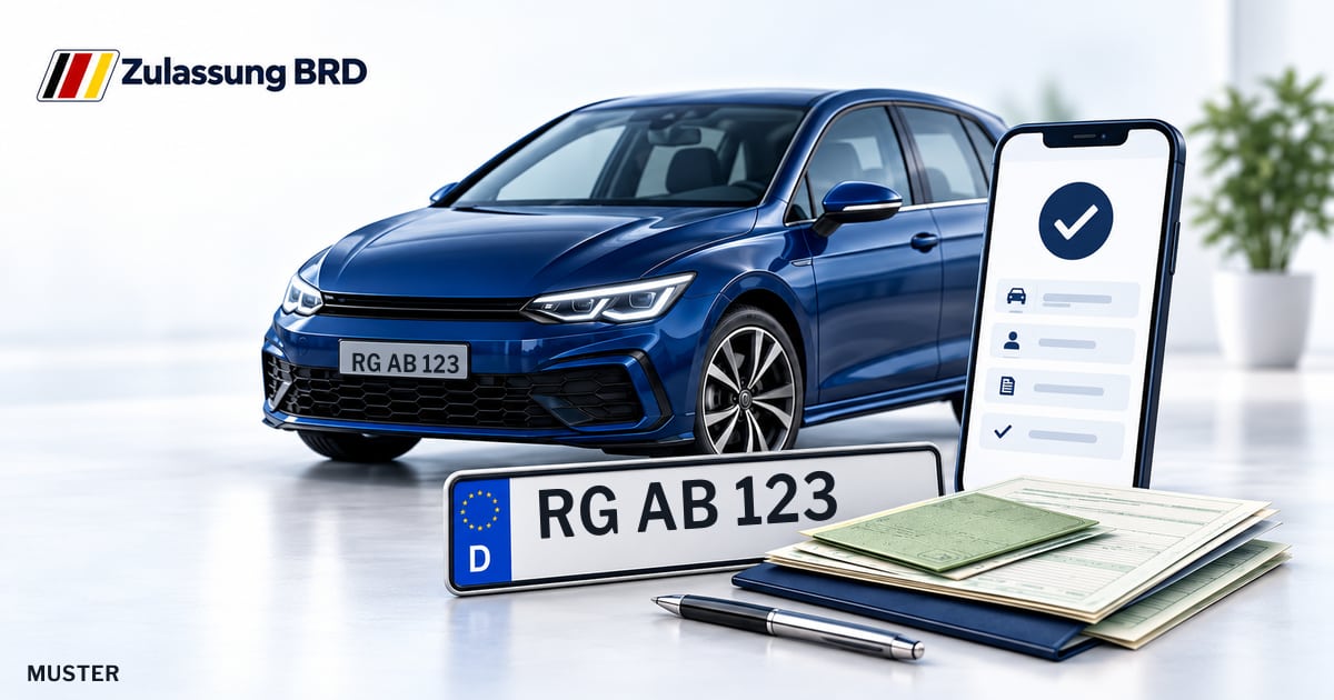 Online Fahrzeugzulassung in Nossen: Musterkennzeichen RG AB 123, Auto und Fahrzeugpapiere und Smartphone. Illustration mit Logo von Zulassung BRD.
